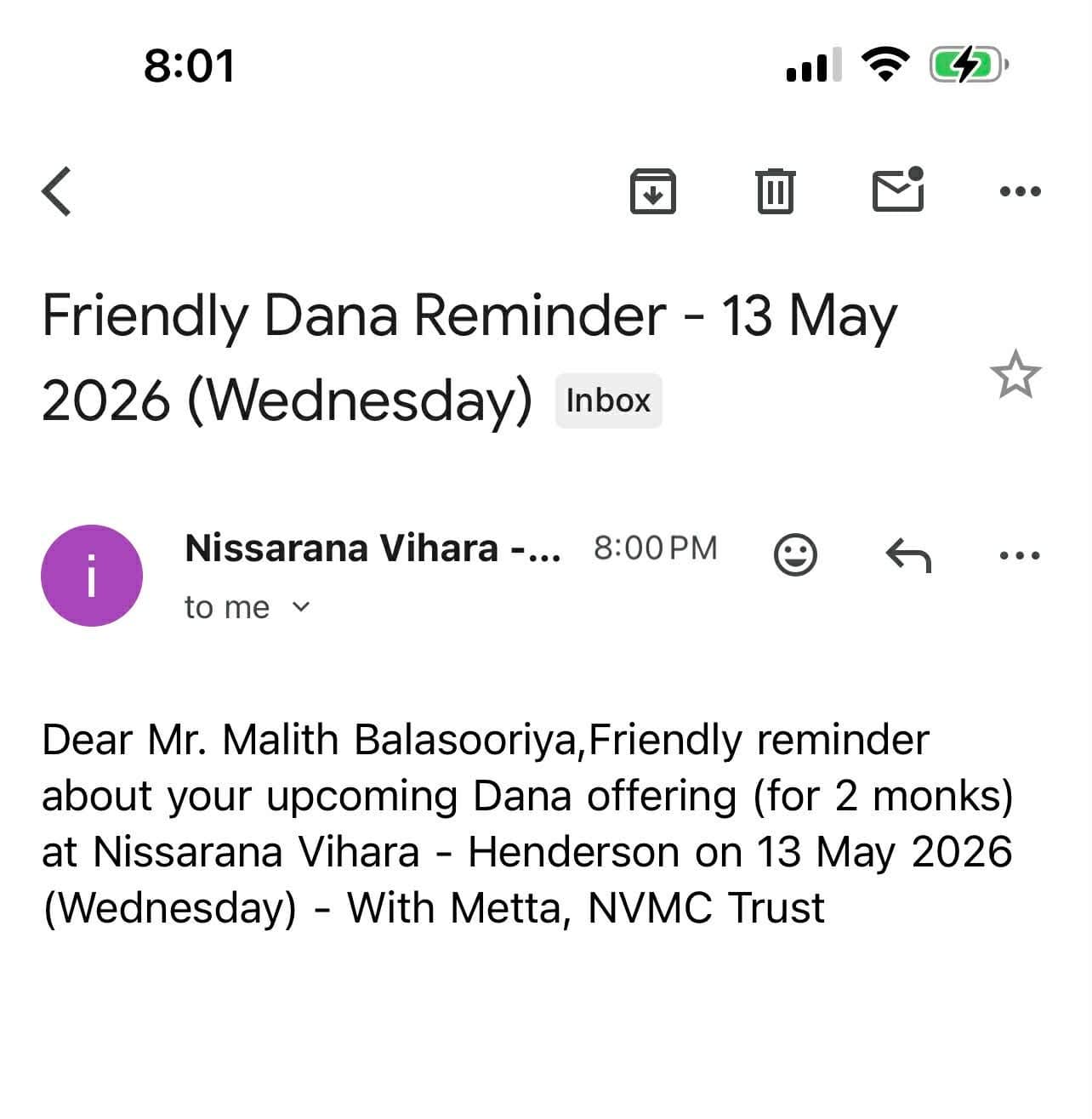 Example reminder email sent to devotees