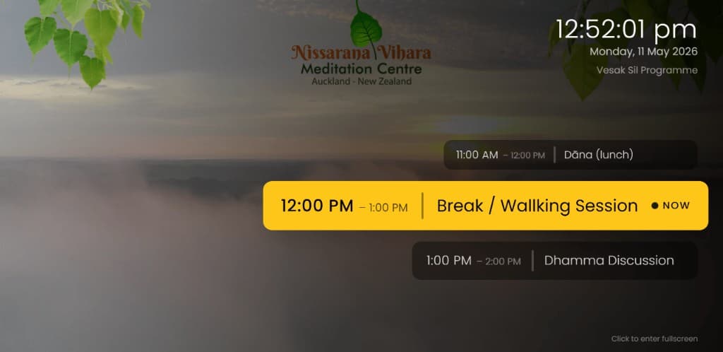 Event schedule display: clock, date, programme name, and three schedule rows with the current item highlighted