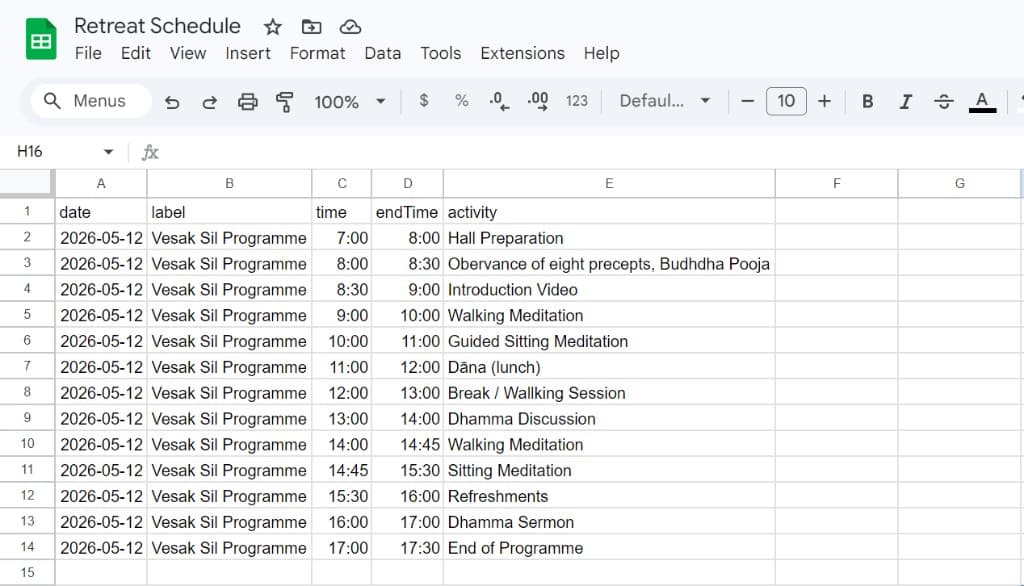Retreat schedule rows in Google Sheets: date, label, time, end time, and activity