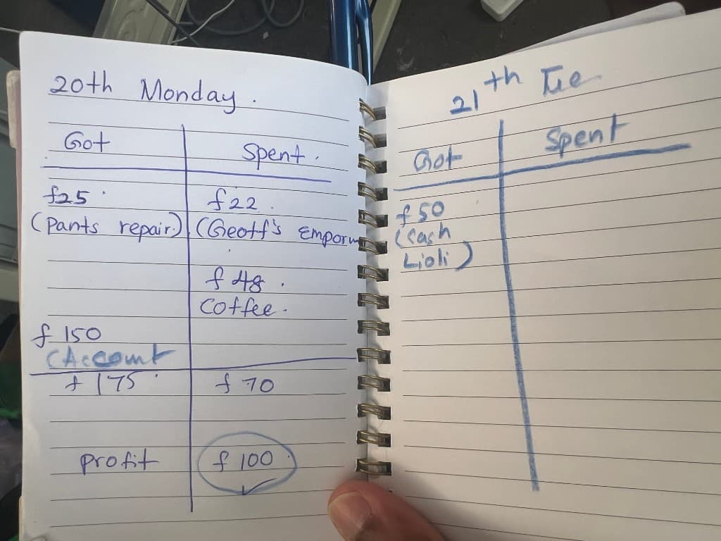 Handwritten cashbook with Got and Spent columns and daily profit