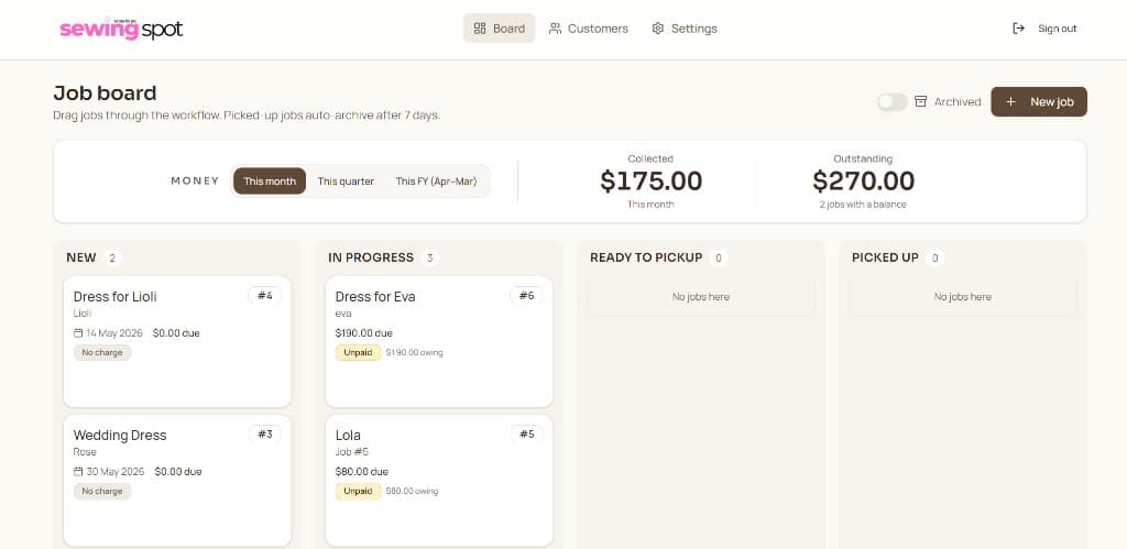 SewingSpot job board with money summary and kanban columns for job status