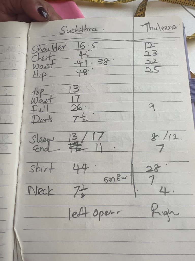 Handwritten measurement sheet for two clients on one notebook page