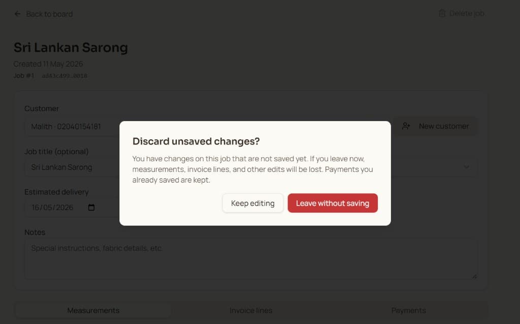 Discard unsaved changes warning when leaving a job card