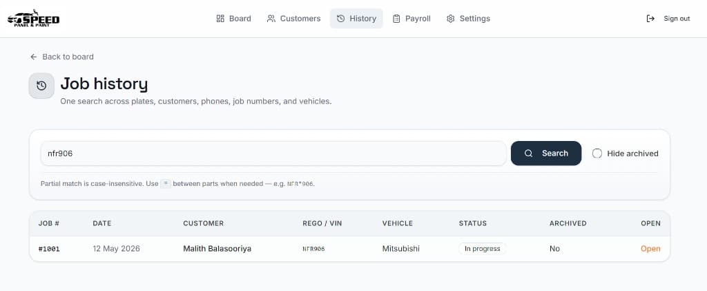 Job history search by rego, customer, and vehicle details