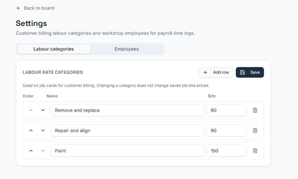 Settings for labour categories and hourly rates used on job cards