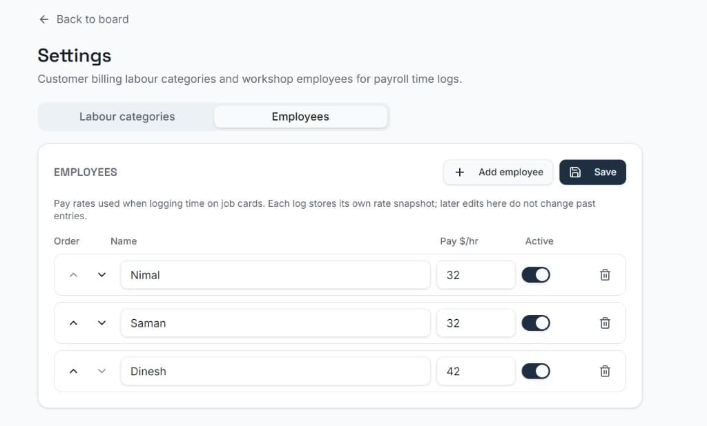Employee list with pay rates per hour for time logging